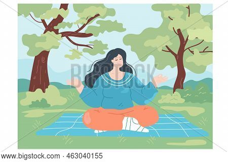 Cartoon Woman Forest Bathing Under Trees. Female Character Finding Balance By Doing Yoga Outside Fla