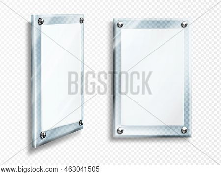 Acrylic Poster, Blank Glass Frame Hang On Wall Isolated On Transparent Background. Empty Photo Frame