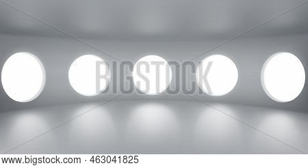 Empty Round Room With Portholes, Inner Architecture, Futuristic Office Interior Design With Large Wi