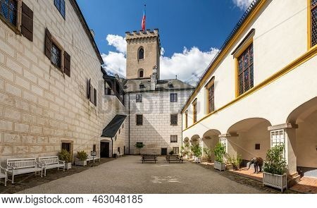 Rozmberk Nad Vltavou, Czech Republic - 05 22 2022: Rozmberk Castle Courtyard - Rosenberg Castle In S