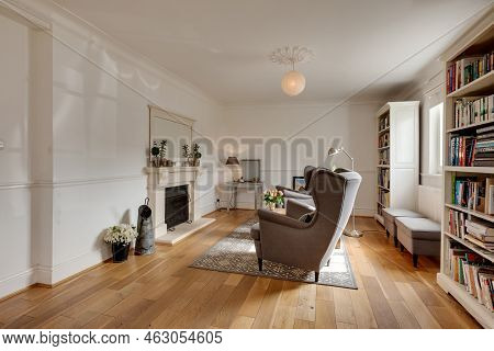Stradishall, England - March 21 2016: Contemporary Furnished Modern Living Room With Exposed Timber 