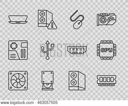Set Line Computer Cooler, Ram, Random Access Memory, Mouse, Optical Disc Drive, Laptop, Usb, Case Of