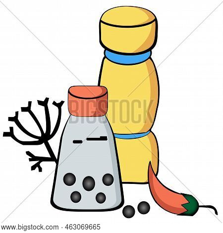 Vector Set Of Different Spices, Containers On White.