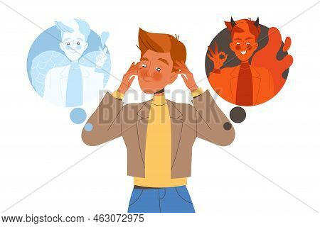Man Character Making His Own Choice Choosing Right Advice From Devil And Angel Side Vector Illustrat