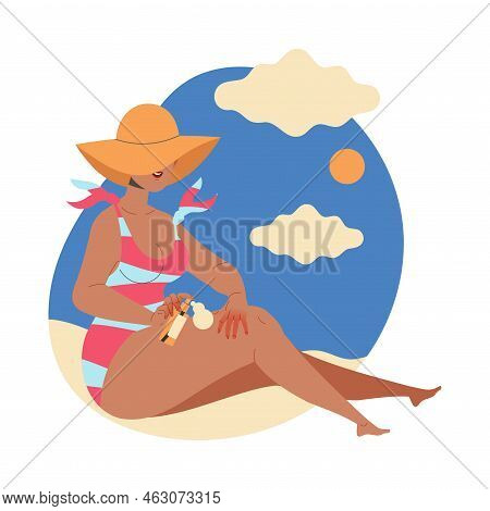 Woman Character In Swimsuit And Wide Brimmed Hat Applying Suncream On Body Skin Enjoying Summer Vaca
