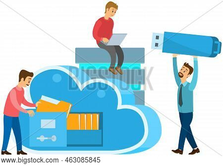 Cloud Storage And Usb Flash Drive Storage Device. Servers And Datacenter Connection Network, Technic