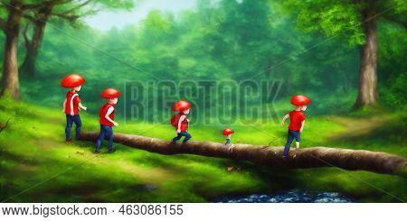Forest School Movement Activities. Mushroom Hunting, Mushrooming, Picking Forest Wild Berries. Kids 