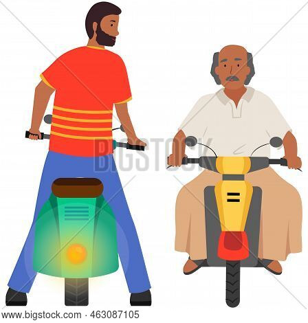 Driving Indian Man On Road Isolated On White Background. Asian Driver Moves Along City Street. Means