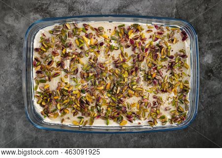 Lebanese Nights Or Layali Lubnan A Semolina Pudding And Clotted Cream And Pistachio.