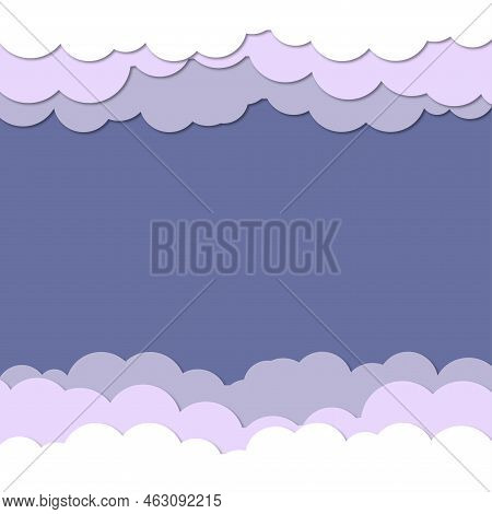 Night Sky Clouds Round Frame With Stars On Rope In Paper Cut Style. Cut Out 3d Background With Viole