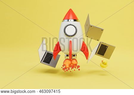Rapid Development Of Internet Technologies. A Rocket Taking Off Around Which Laptops On A Yellow Bac