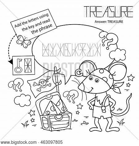 Puzzle Game For Children. Coloring Page Outline Of Cartoon  Little Pirate Mouse With Chest Of Treasu