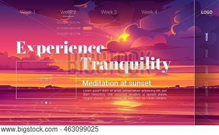 Meditation At Sunset Cartoon Landing Page, Invitation To Yoga Experience On Evening Ocean Beach. Pur