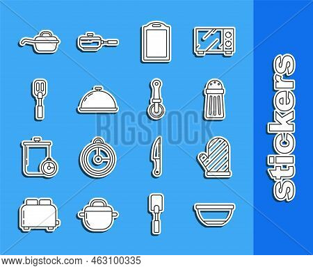 Set Line Bowl, Oven Glove, Salt, Cutting Board, Covered With Tray Of Food, Spatula, Frying Pan And P