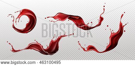 Splashes Of Wine, Juice Or Blood, Liquid Red Drink Waves And Curls With Droplets. Abstract Beverage 