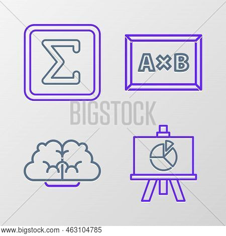 Set Line Chalkboard With Diagram, Human Brain, And Sigma Symbol Icon. Vector