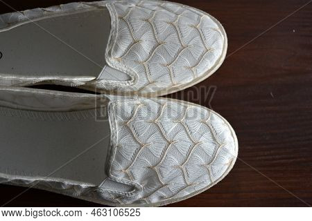 Women\'s Summer Shoes Made Of Natural Woven Fabric With White Flat Soles. White Light Fashionable An