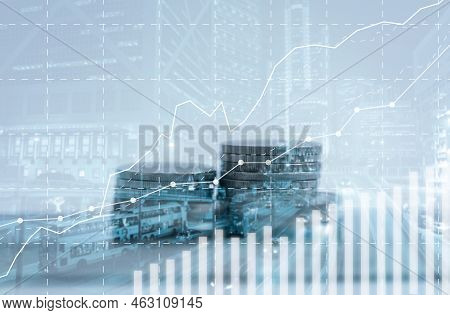 Banking Finance Investment Concept. Double Exposure Image Of Growth Business With City Background. C
