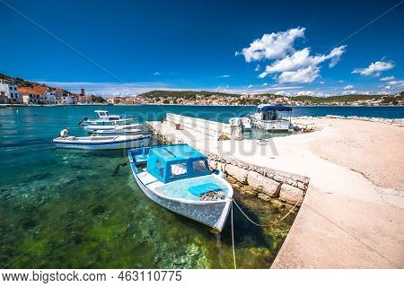 Turquoise Coastline And Boats In Town Of Tisno, Murter Island Of Croatia