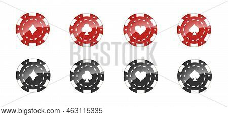Set Of Red And Black Casino Chips With Card Suits Spades, Hearts, Clovers, Diamonds Isolated On Whit