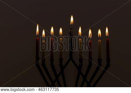 Hanukkah Festival Symbols Menorah Are Shown On Black Background, As Part Jewish Holiday Hanukkah