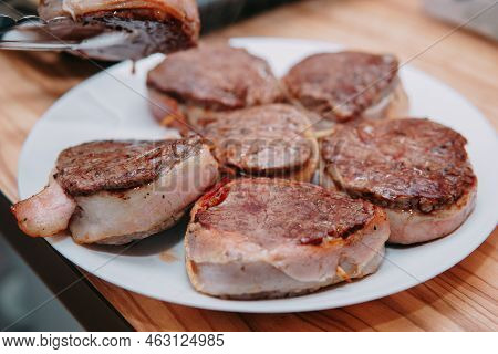 Cooking Minion Steak At A Cooking Class. Homemade Food.