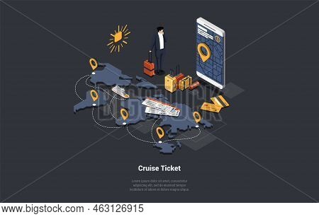 Online Cruise Tickets Buy, Traveling By Liner Concept. Online Buying Tickets Mobile Appliction On Lu
