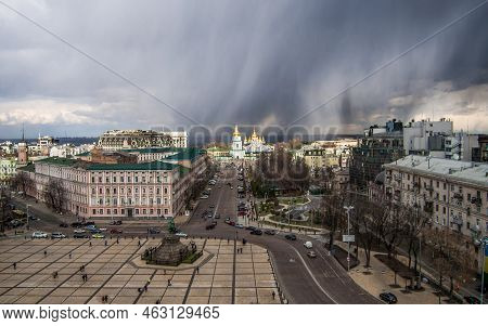Rain In Kiev. View Of Bohdan Khmelnytsky Square And St. Michael's Monastery. Shot From Heart Of Kyiv
