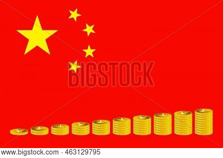 Stacks Of Yuan Coins In Golden Color On The Background Of The Flag Of China.