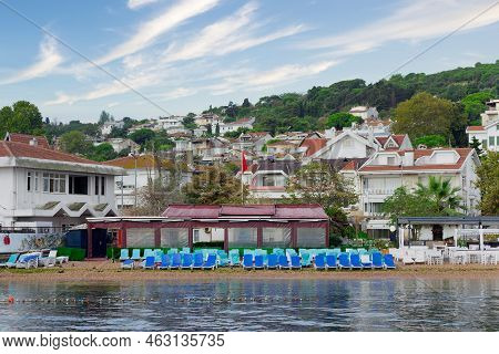 View From Marmara Sea In The Early Morning Of Swimming Beach At Kinaliada Island With Background Of 