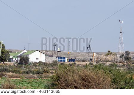 Loxton, South Africa - Sep 2, 2022: Solar And Wind Power Generation On A Farm Near Loxton In The Nor