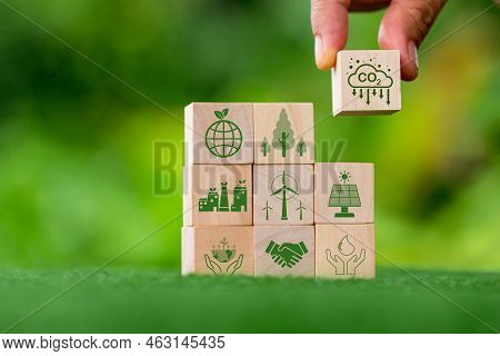 Net Zero Greenhouse Gas Emissions Reduction With Carbon Credit Concept. Reduce Carbon Dioxide E.g. R