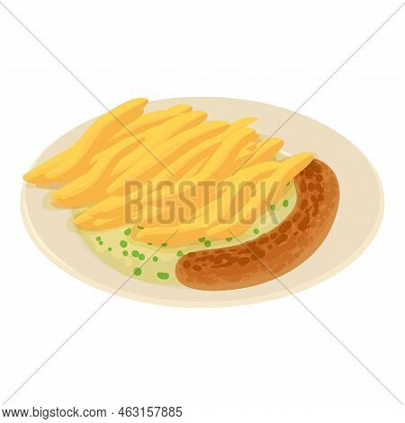 Belgian Breakfast Icon Isometric Vector. Fried Sausage And Fries On White Plate. Belgian Traditional