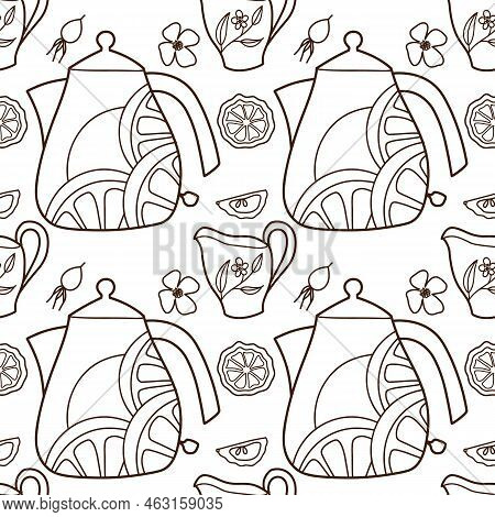 Contur Vector Seamless Pattern On The Cups And Teapot F