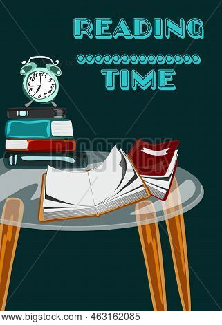 Vector Poster Of Glass Table With Books And Tea Pot And Cup On It. Time To Tea Time Ti Read Guote