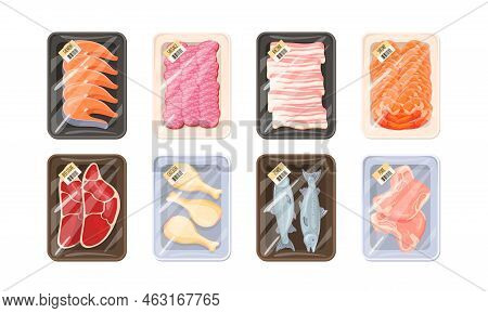 Supermarket Meat Package. Packed Fish Or Frozen Beef In Polyethylene Plastic Container Storage Store