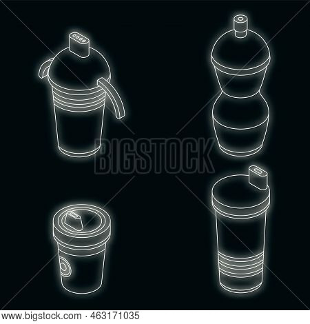 Sippy Cup Icons Set. Isometric Set Of Sippy Cup Vector Icons Neon Color On Black