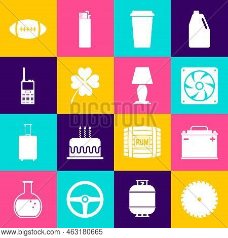 Set Circular Saw Blade, Car Battery, Computer Cooler, Coffee Cup, Four Leaf Clover And Walkie Talkie