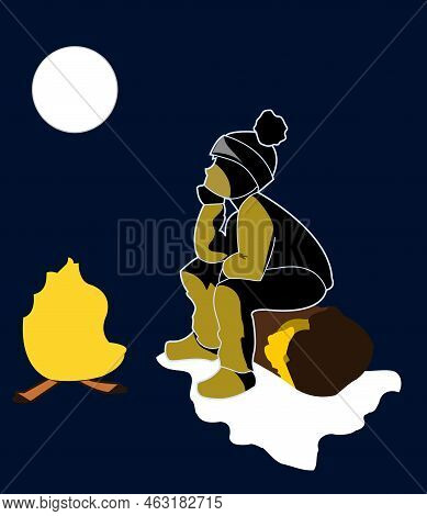 Boy Sitting By Bonfire. Night Gatherings. Alone.vector.
