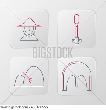 Set Line Medieval Iron Helmet, Bale Of Hay And Rake, Torch Flame And Icon. Vector