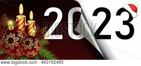 Happy New Year 2023, Christmas Composition Folded Sheet Of Black And White Shade, Burning Candles.