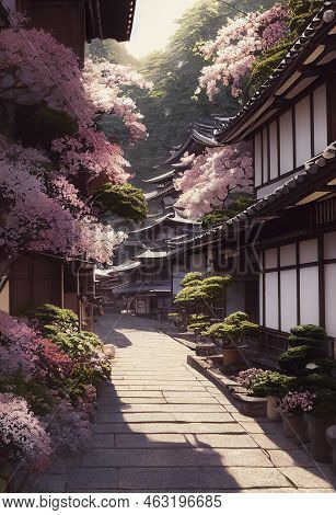 Old Wooden Houses On A Street Of Sanmachi Suji Historic District In Takayama, Japan, With Flower Pot