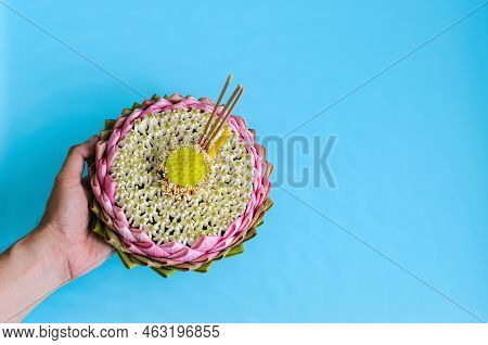 Pink Lotus Petal Krathong Decorates With Its Pollen, Crown Flower, Blurred Focus Incense Stick And C
