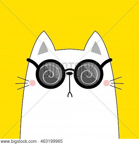 Cat Wearing Round Sunglasses Eyeglasses. Hypnotic Spiral Pattern. Black Contour Line Outline. Magic 