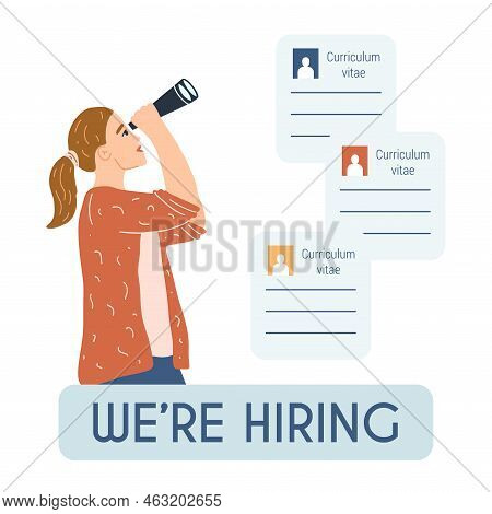 Woman With Binoculars Searching For New Employee, Work Candidates, Hired Workers. We Re Hiring Conce