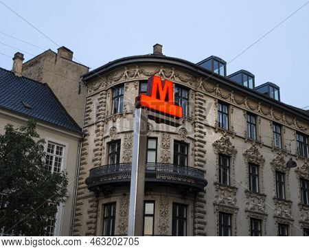 Copenhagen, Denmark. October 2022. The Red Sign Of The Subway Station In The City Bcenter