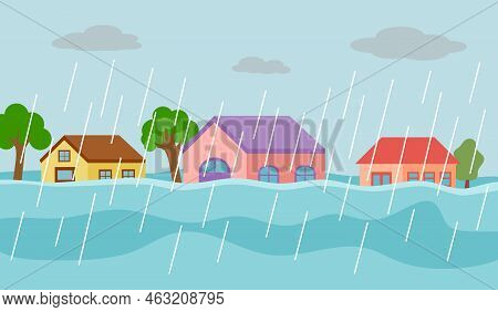Flood Disaster In Village Concept Vector Illustration. Flooding House Under Heavy Rains In Flat Desi
