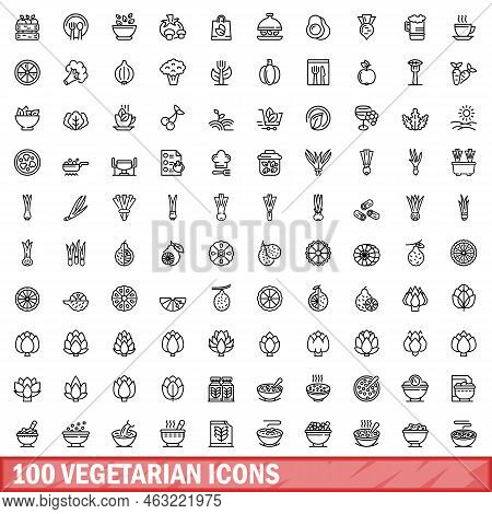 100 Vegetarian Icons Set. Outline Illustration Of 100 Vegetarian Icons Vector Set Isolated On White 