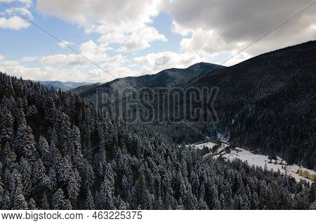 Winter Landscape With Spruse Trees Of Snow Covered Forest In Cold Mountains.