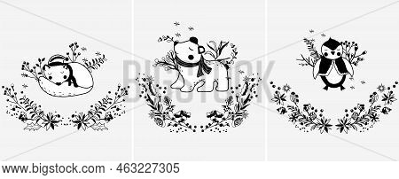 Black And White A Sleeping Wolf In A Hat, Cute Arctic Penguin, Funny Arctic Bear, Winter Wreath, Lea